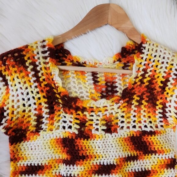 Vintage 1970s Girl Orange Crochet Crop Sweater Boho Bohemian 70s Handmade - Picture 8 of 9